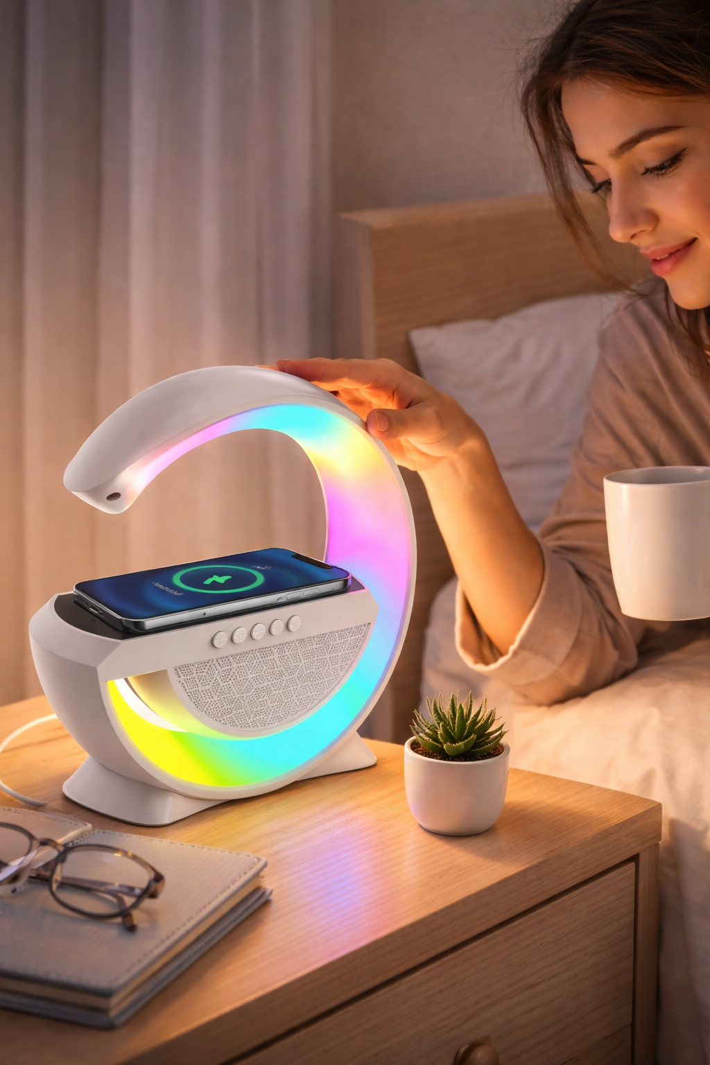 Lámpara LED Inteligente 3 en 1 con Bocina Bluetooth y Cargador Inalámbrico – Ilumina, Escucha Música y Carga tu Celular