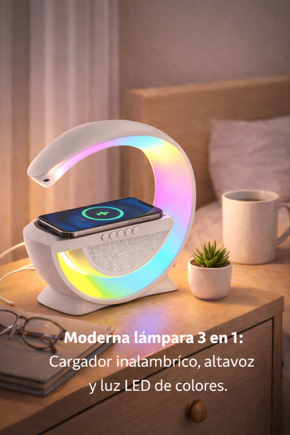 Lámpara LED Inteligente 3 en 1 con Bocina Bluetooth y Cargador Inalámbrico – Ilumina, Escucha Música y Carga tu Celular