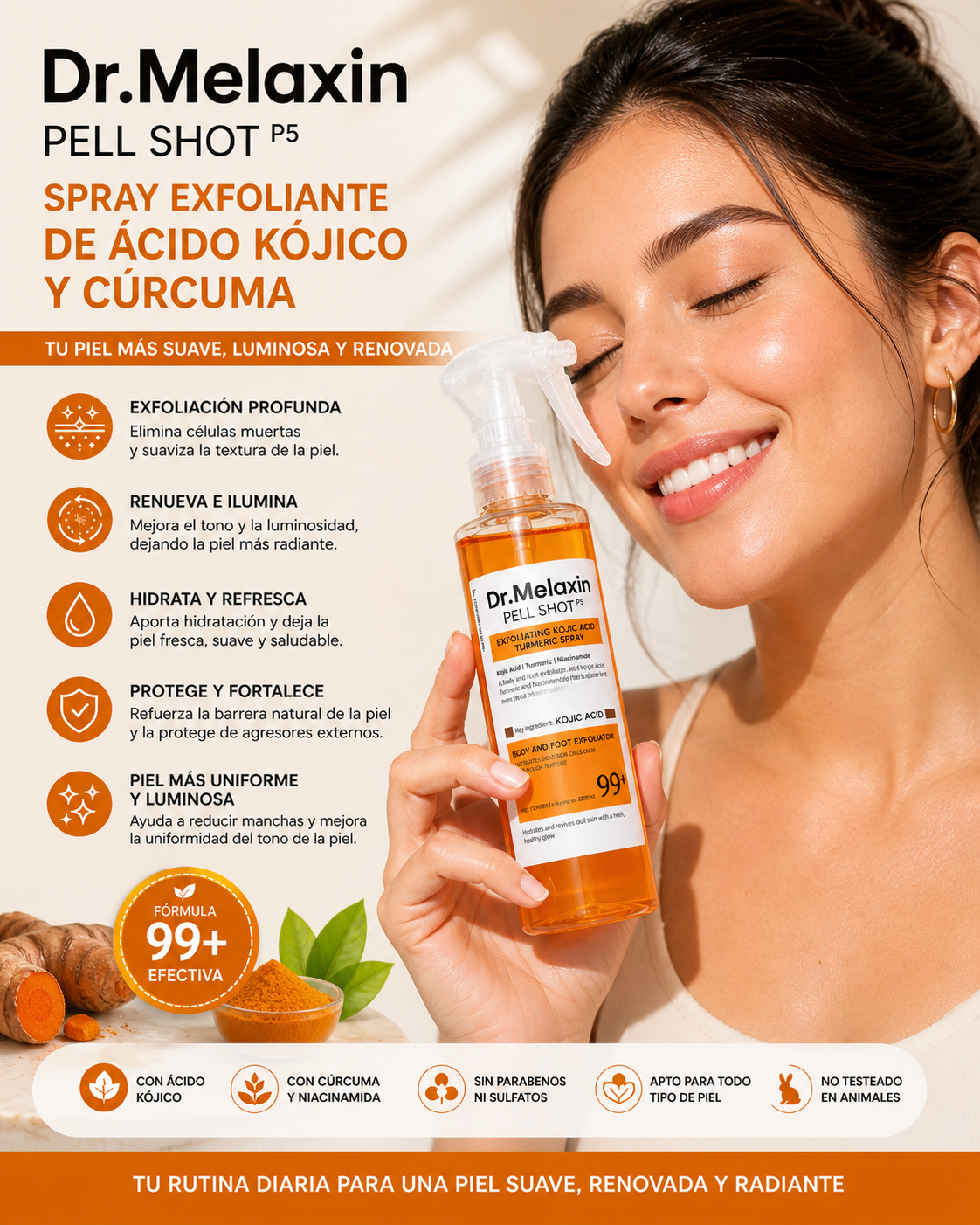 "Dr. Melaxin Pell Shot P5 – Spray Exfoliante de Ácido Kójico y Cúrcuma | Ilumina, Renueva e Hidrata tu Piel en Minutos"