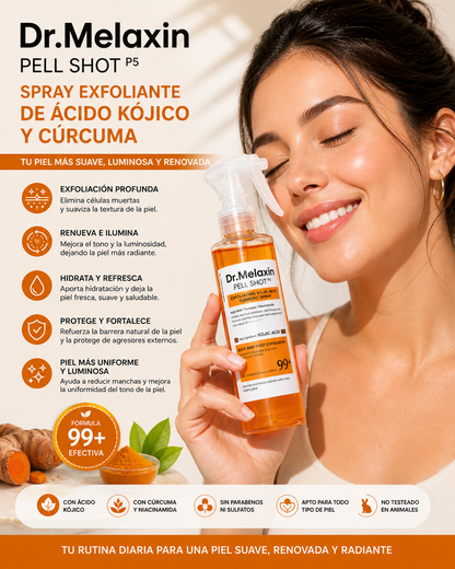 "Dr. Melaxin Pell Shot P5 – Spray Exfoliante de Ácido Kójico y Cúrcuma | Ilumina, Renueva e Hidrata tu Piel en Minutos"