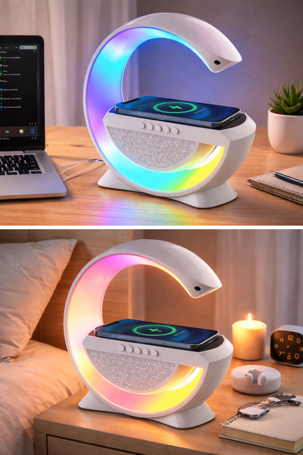 Lámpara LED Inteligente 3 en 1 con Bocina Bluetooth y Cargador Inalámbrico – Ilumina, Escucha Música y Carga tu Celular